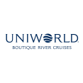 Logo van Uniworld Boutique River Cruises met de merknaam in elegante, blauwe hoofdletters en een golvend lijnelement op een witte achtergrond.