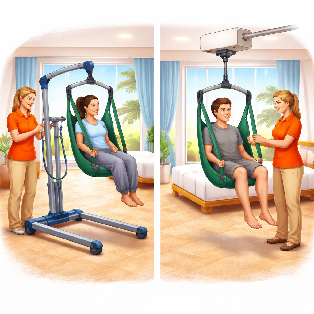 Deze afbeelding toont twee verschillende soorten passieve tilliften die worden gebruikt om mensen veilig te verplaatsen.