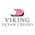 Logo van Viking Oceans met een gestileerd rood vikingschip met zeilen links van de merknaam in grijze hoofdletters op een witte achtergrond.