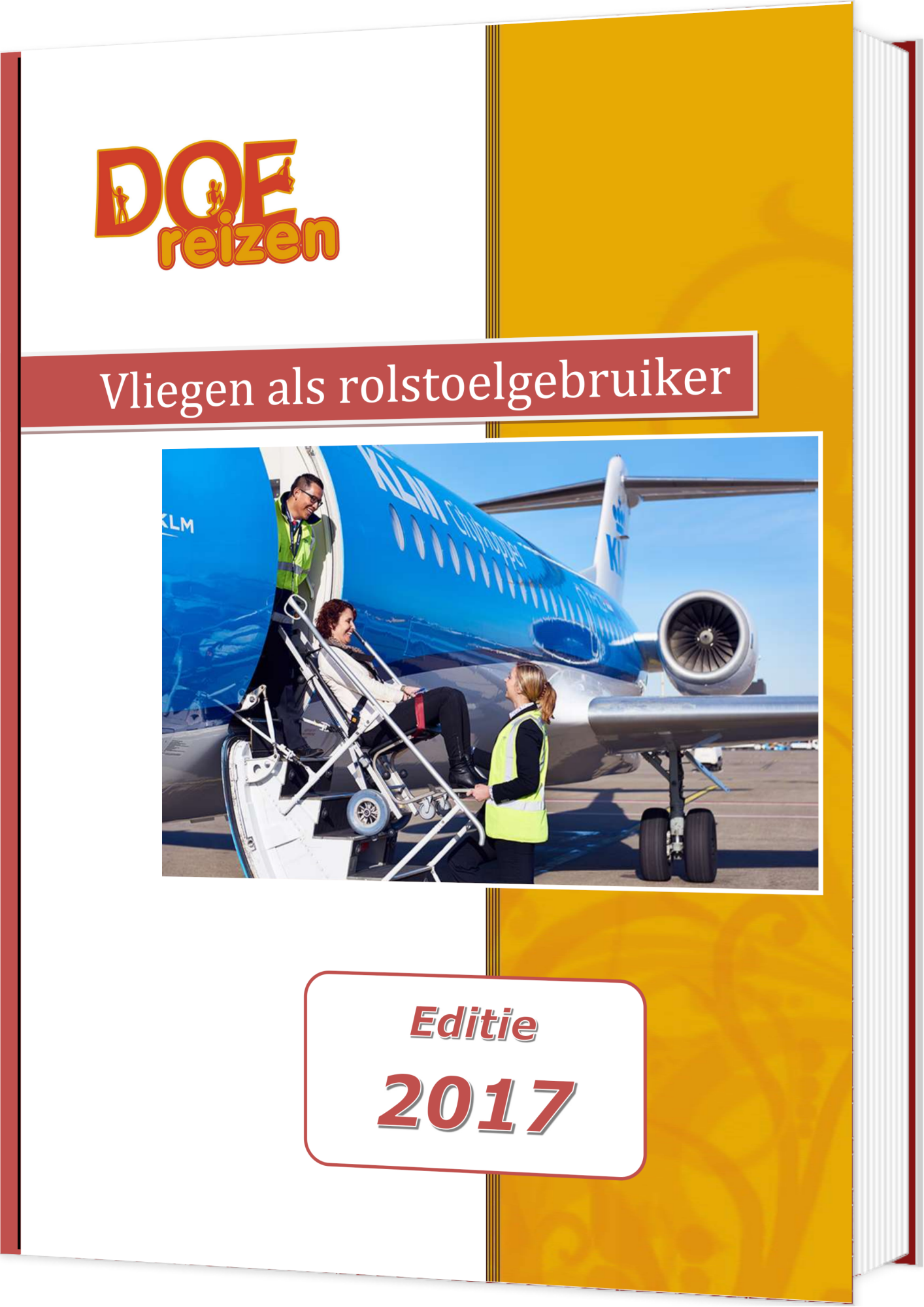 Boek over Vliegen als rolstoelgebruiker - Editie 2017 - een rolstoelgebruiker met Passengers with Restriced Mobility Assistance tillen deze persoon een vliegtuigtrap op zittend in een gangpadrolstoel