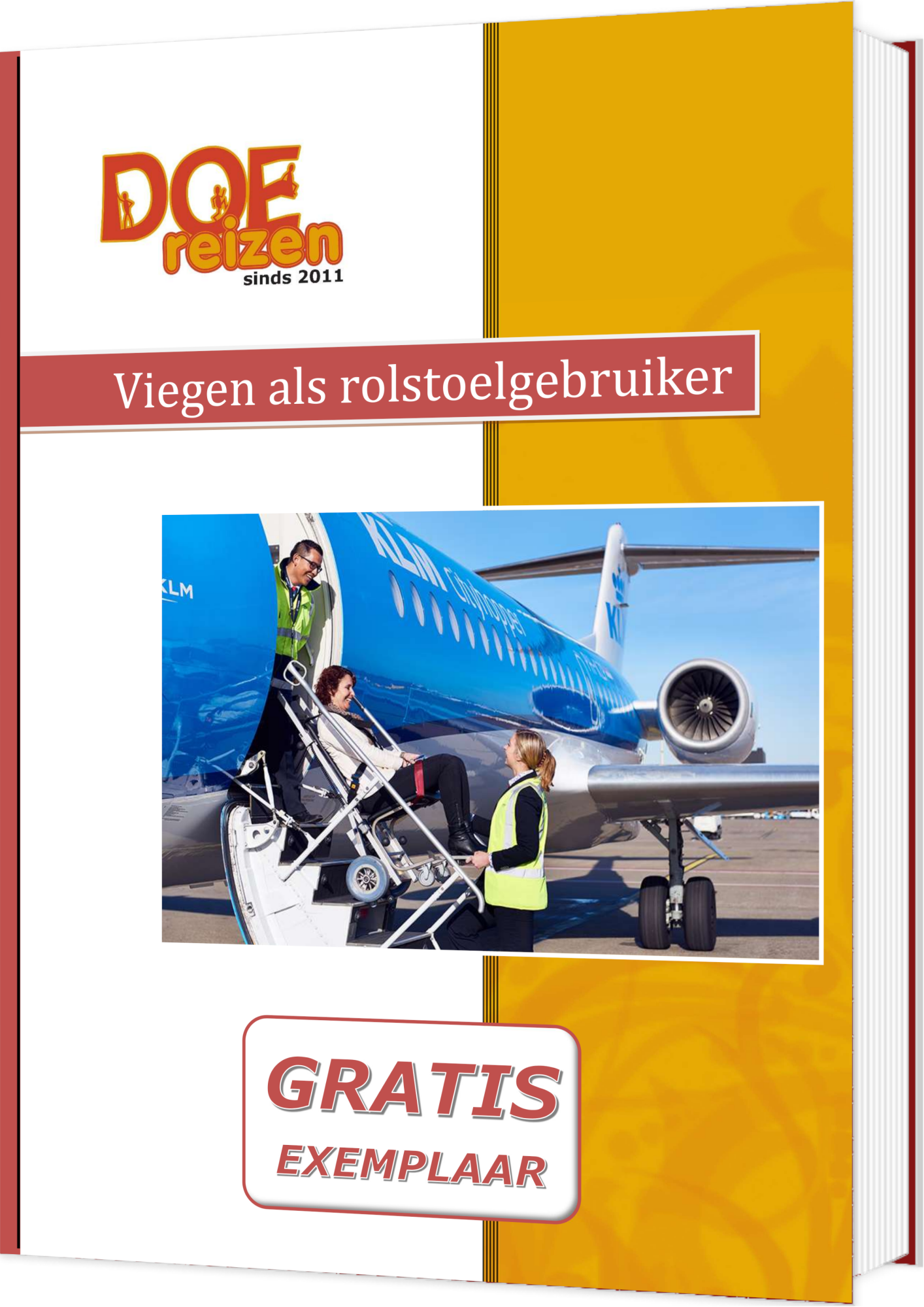 Het boek Vliegen als rolstoelgebruiker, met een Passengers with Restriced Mobility en twee assistenten op een vleigtuigtrap