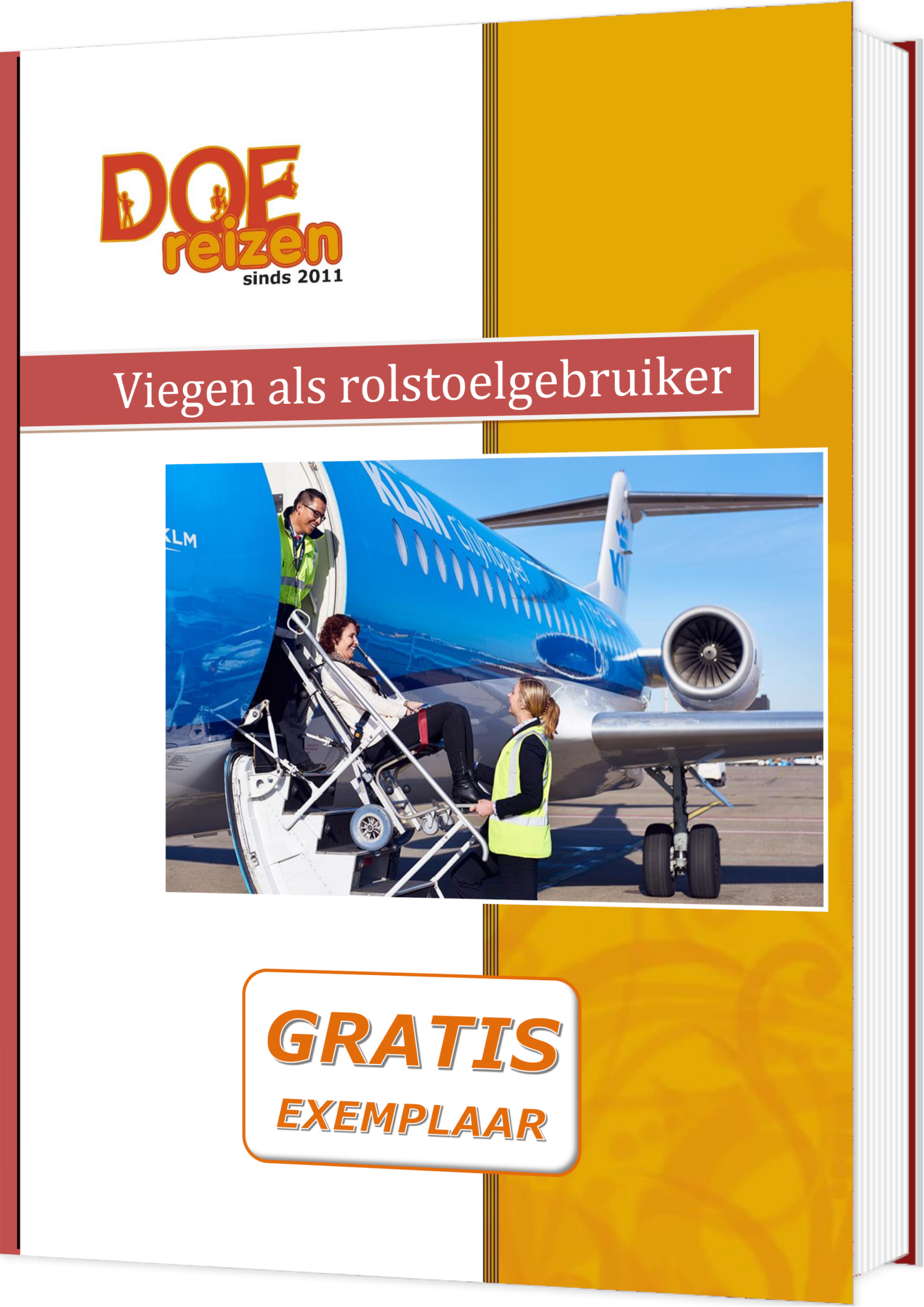 Het boek Vliegen als rolstoelgebruiker, met een Passengers with Restriced Mobility en twee assistenten op een vleigtuigtrap