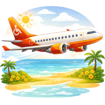 Dit is een illustratie van een vliegtuig dat over een tropisch strand vliegt, vaak gebruikt als een conceptueel beeld voor vakanties of reizen