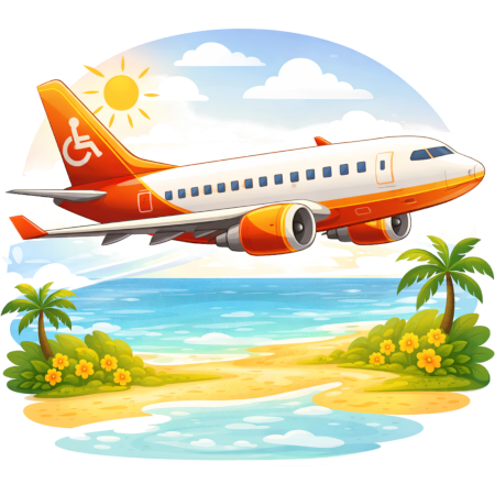 Dit is een illustratie van een vliegtuig dat over een tropisch strand vliegt, vaak gebruikt als een conceptueel beeld voor vakanties of reizen