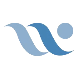 Waves Online-logo met twee gestileerde blauwe golven en een blauwe cirkel, op een witte achtergrond.
