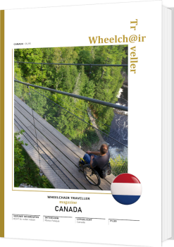 het magazine wheelchair traveller met as thema Canada, voorzien van foto met een rolstoelgebruikers rijdend over een bomtoppen pad