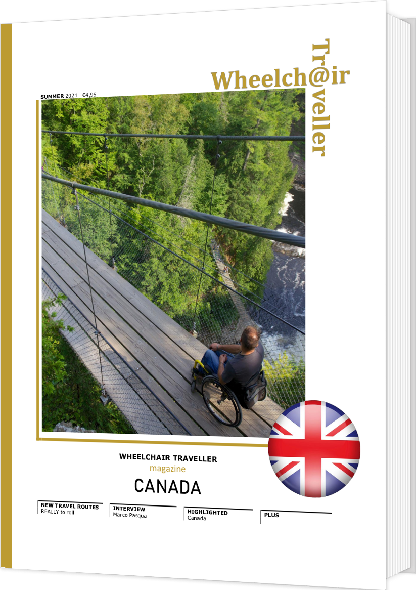 Cover of Wheelchair Traveller magazine about Canada, with man in wheelchair on suspension bridge above river and forest, symbol of accessible adventure.