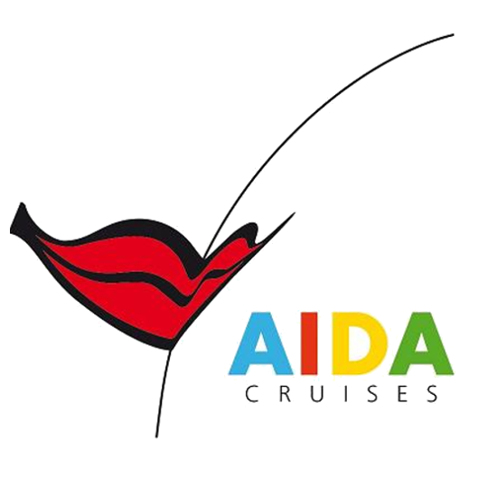 Logo AIDA Cruises met rode lippen en kleurrijke letters AIDA in blauw, rood, geel en groen.