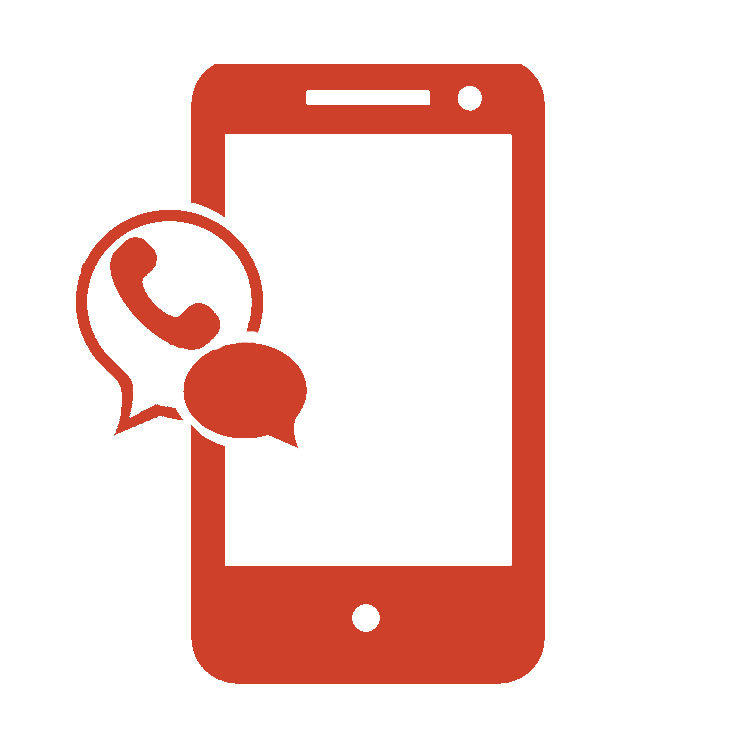 oranje-rood pictogram van een smartphone met een tekstballon en een telefoonhoorn