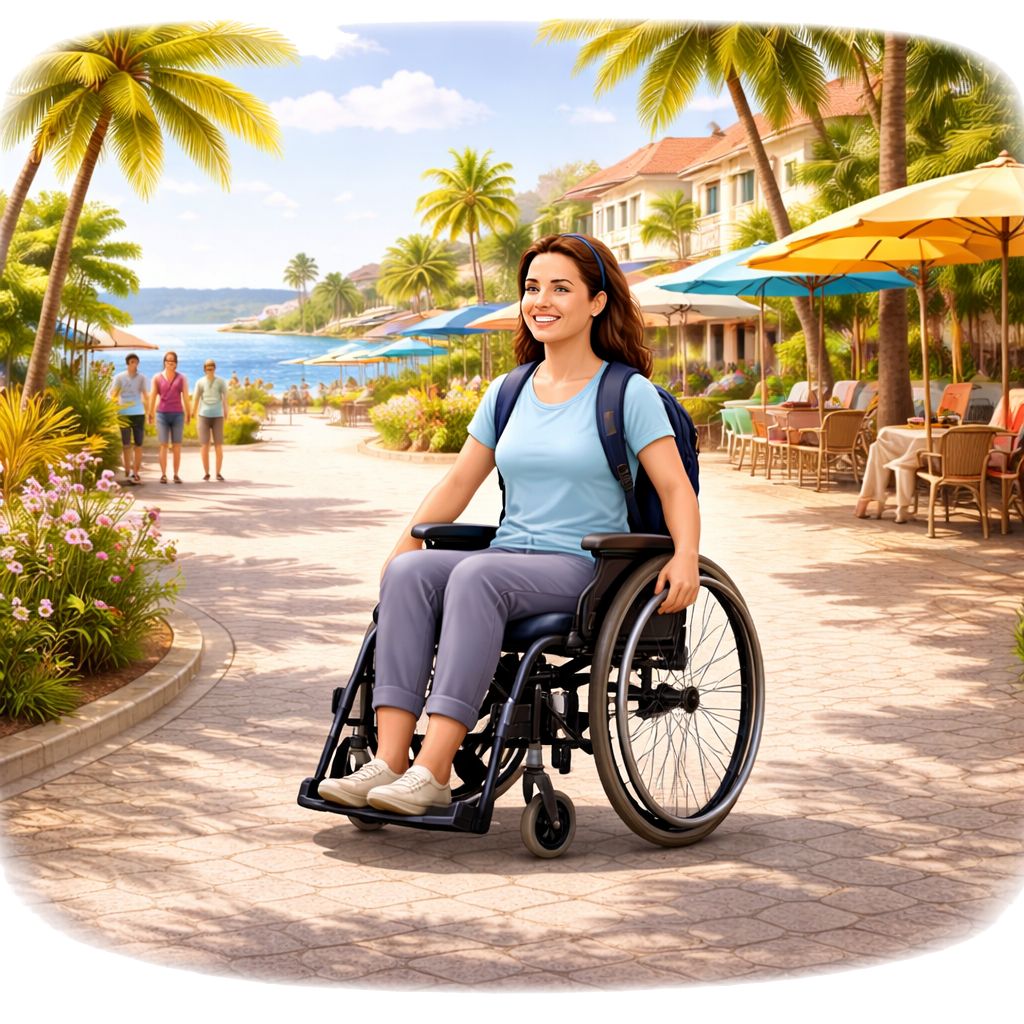 Deze afbeelding toont een persoon in een moderne, actieve lichtgewicht rolstoel op een zonnige, tropische locatie.