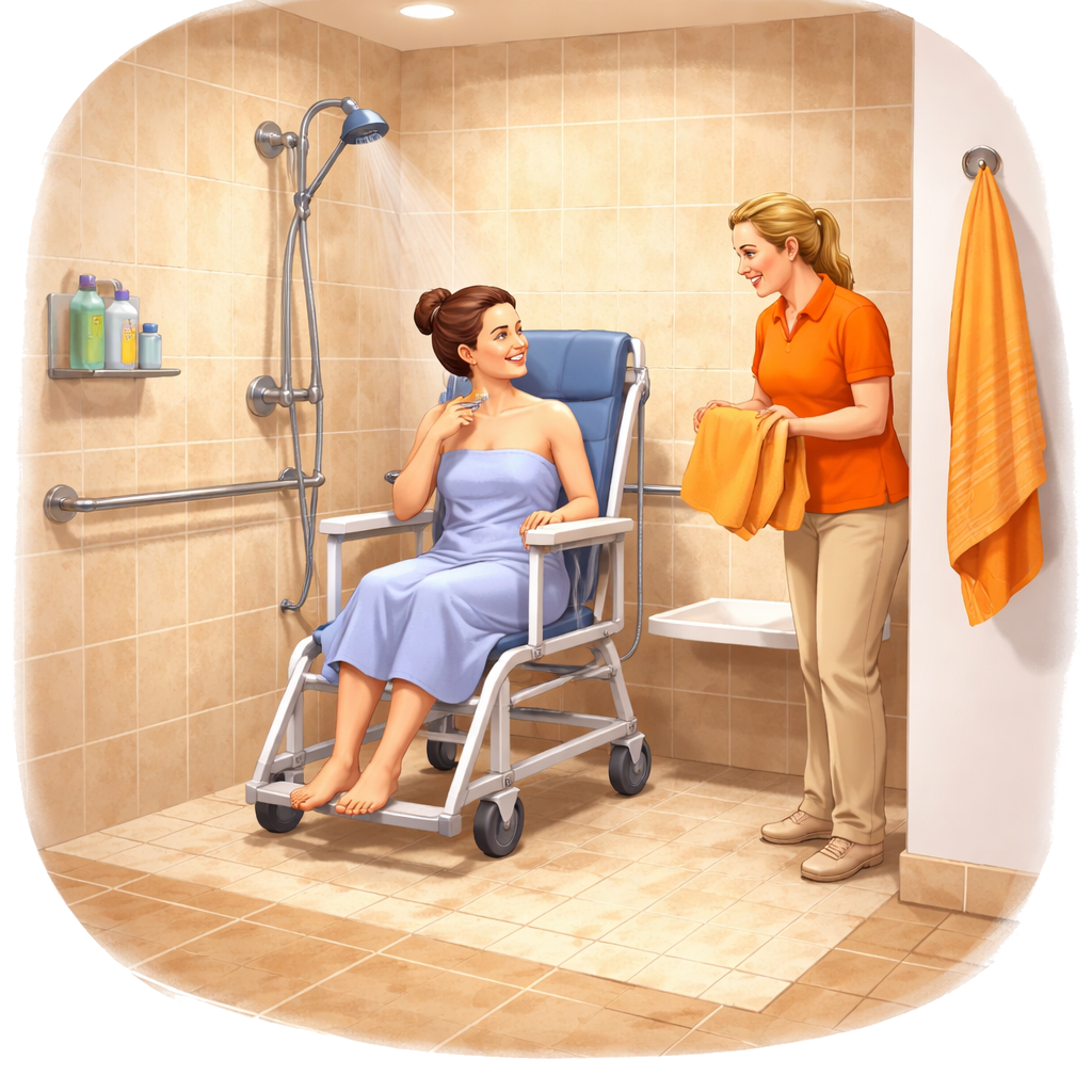 Een illustratie van een moderne, toegankelijke badkamer waarin een jonge vrouw in een lichtblauwe omslagdoek in een verrijdbare douche-toiletstoel onder de douche zit.