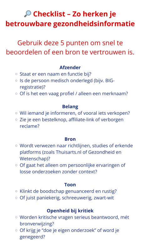 checklist Zo herken je betrouwbare gezondheidsinformatie Zo herken je betrouwbare gezondheidsinformatie