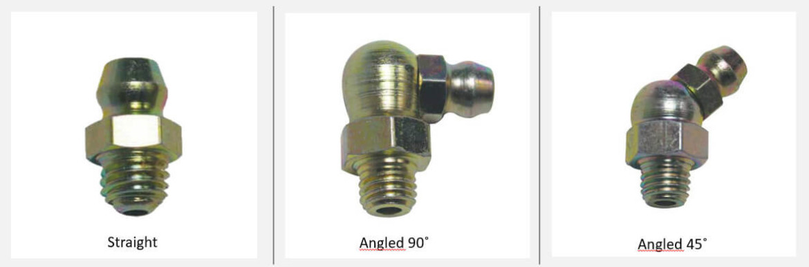 Grease fittings: straight, angled in 45 and 90 degrees