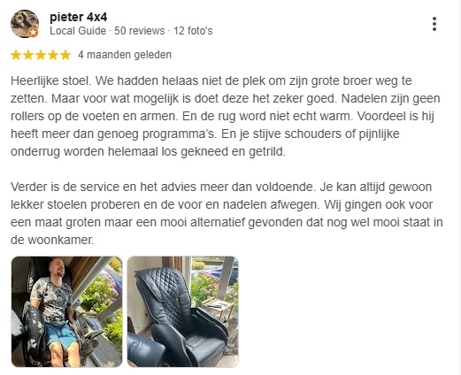 Google review van klant Pieter die zijn stoel in de woonkamer heeft Google review van klant Pieter die zijn stoel in de woonkamer heeft