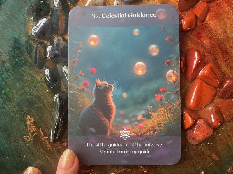 Celestial Guidance - Dancing between Fire & Water Oracle Cards by Eva van Zeeland Cat with orbs