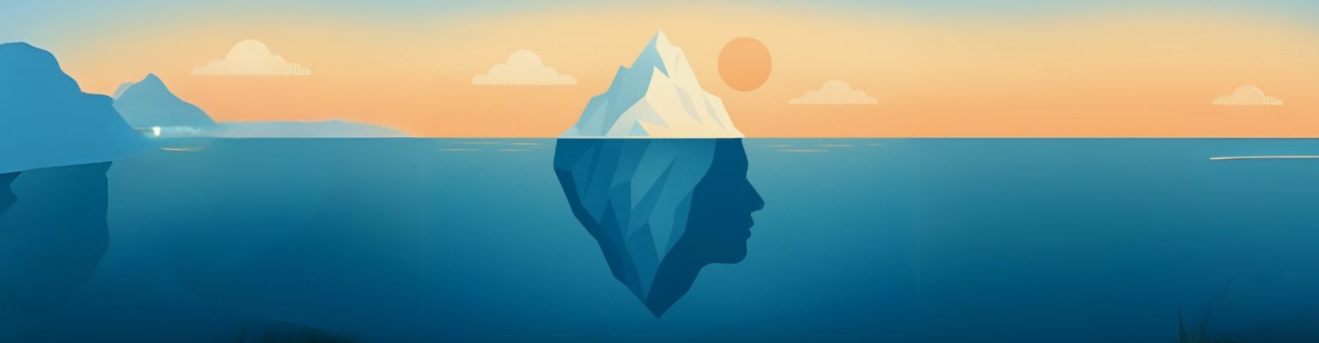 Illustratie van een silhouet bovenop een ijsberg – metafoor voor drijfveren en onbewuste motivatie