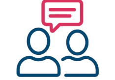 Icoon van twee personen in gesprek met tekstwolk, symbool voor persoonlijke 1-op-1 coaching