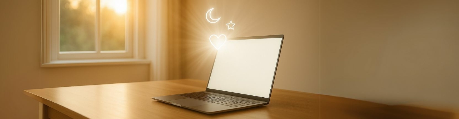 Een minimalistische kamer in zacht daglicht met een laptop centraal op tafel – een symbool voor online zelfontwikkeling in rust en vrijheid