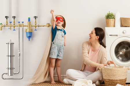 EVOadsorb in RVS geïnstalleerd met kind en moeder met wasgoed