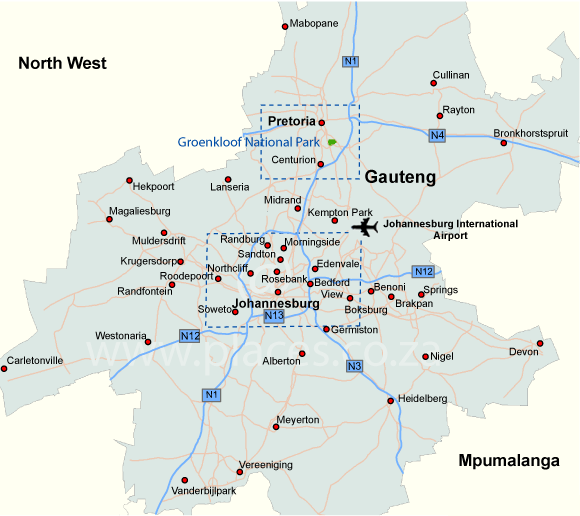 Kaart Gauteng Provincie - Zuid-Afrika