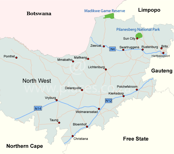 Kaart North West Provincie - Zuid-Afrika