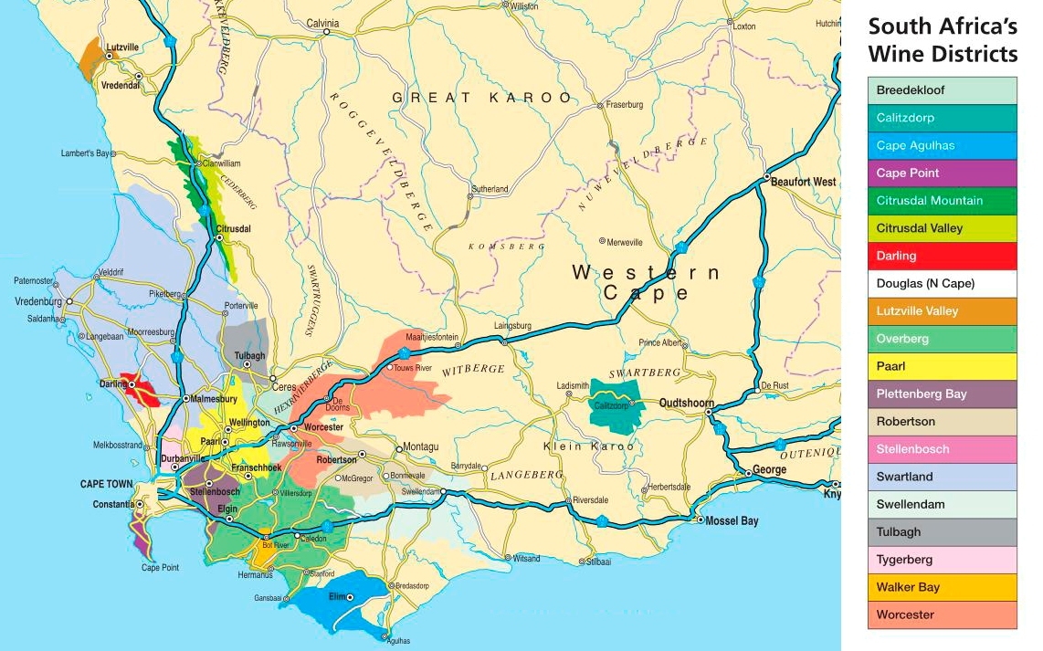 kaart wijnstreken zuid afrika