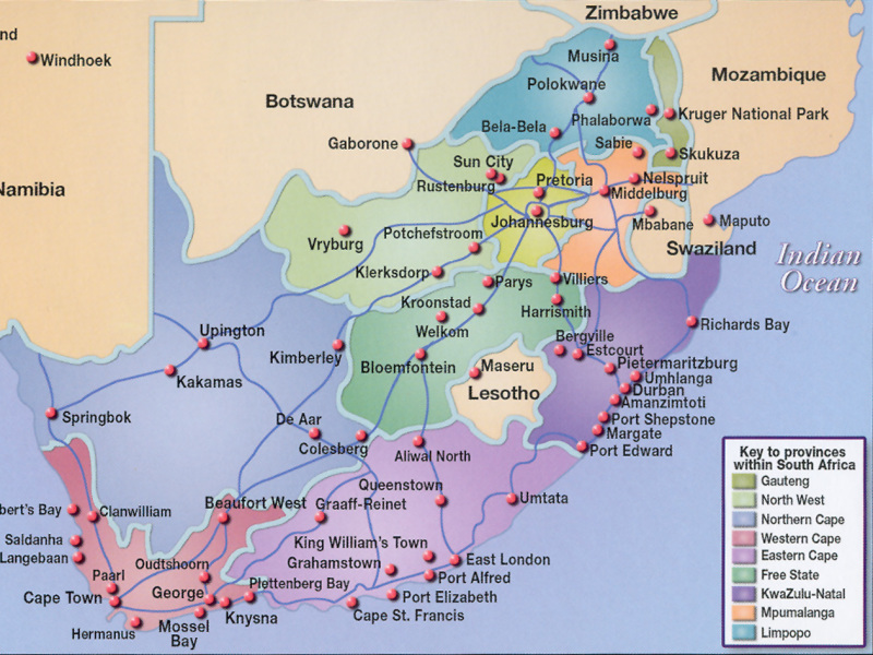 kaart grote steden zuid afrika