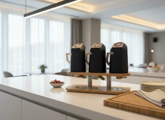 Dispenser voor 3 jams en spreads Dispenser voor 3 jams en spreads in een hotel