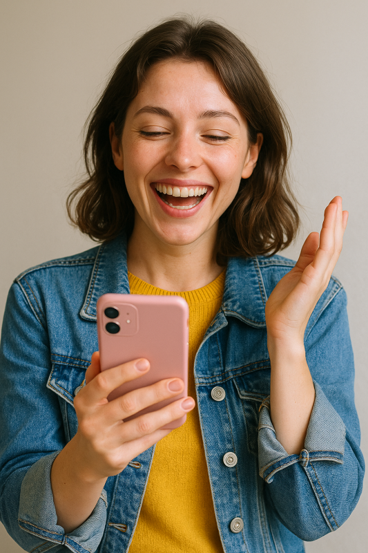 Een jonge vrouw kijkt opgelucht en blij naar haar smartphone nadat ze haar kleinste schuld heeft afgelost.