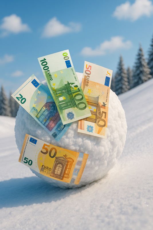 Sneeuwbal met euro biljetten