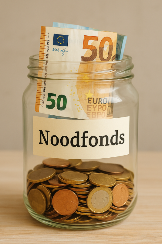 Glazen pot met spaargeld en label Noodfonds voor financiële zekerheid. Glazen pot met spaargeld en label Noodfonds voor financiële zekerheid.