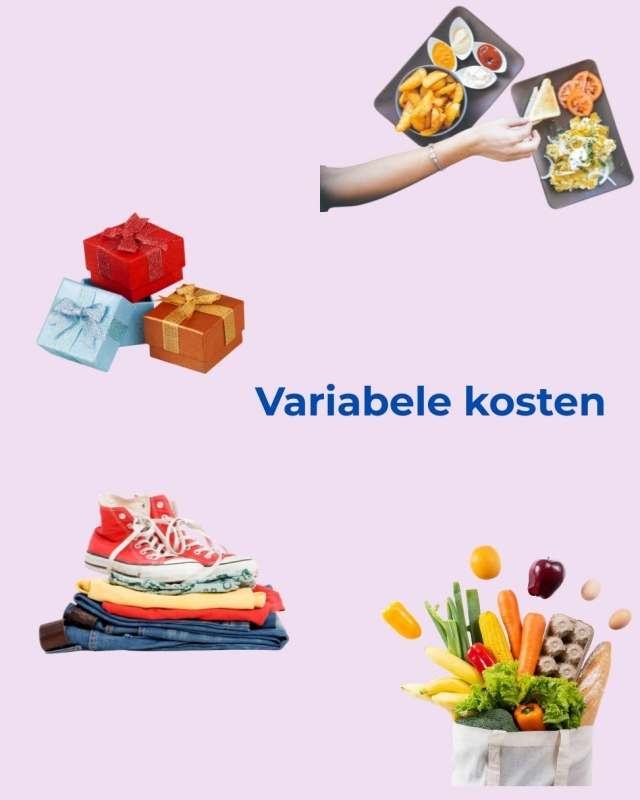 Illustratie van variabele uitgaven: boodschappen, kleding, cadeautjes en uit eten gaan