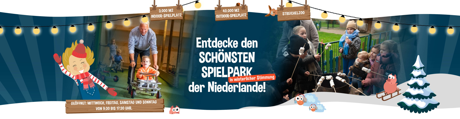 Ein Spielbauernhof mit Innen-und Außenspielplatz, Schwimmbad und Streichelzoo