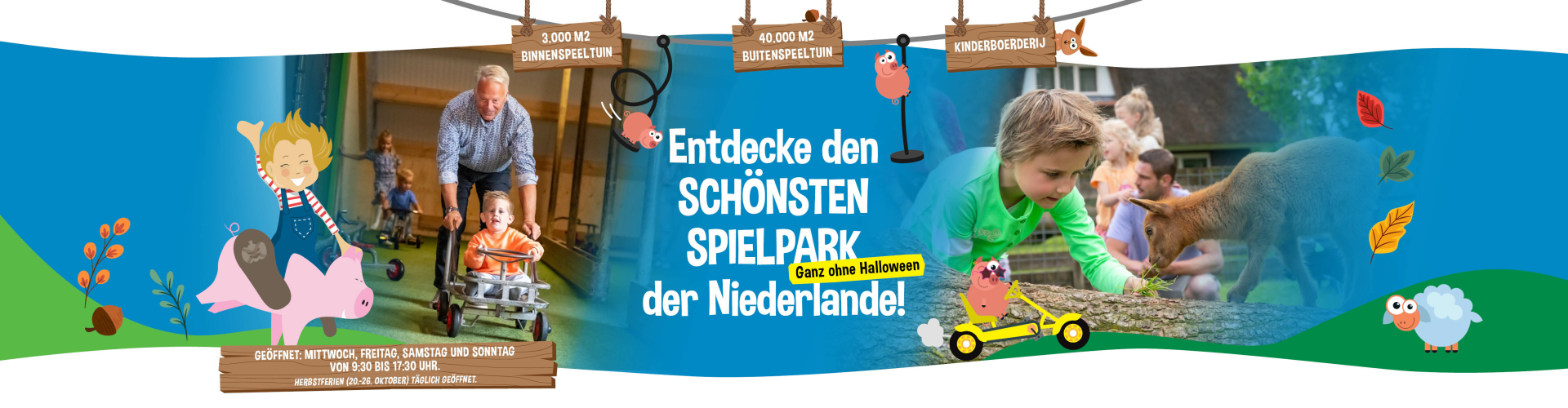 Ein Spielbauernhof mit Innen-und Außenspielplatz, Schwimmbad und Streichelzoo