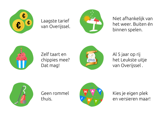 Laagste tarief  van Overijssel.     Zelf taart en  chippies mee?  Dat mag!     Geen rommel  thuis.  Niet afhankelijk van het weer. Buiten én binnen spelen.    Al 5 jaar op rij  het Leukste uitje  van Overijssel .     Kies je eigen plek  en versieren maar!