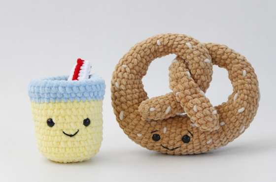 Kawaii Lemonade and Pretzel crochet plush pattern amigurumi food toy