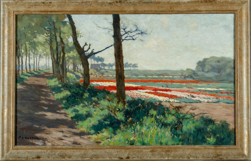 Old painting of Tulip fields at museum 'De Zwarte Tulip' Lisse Holland