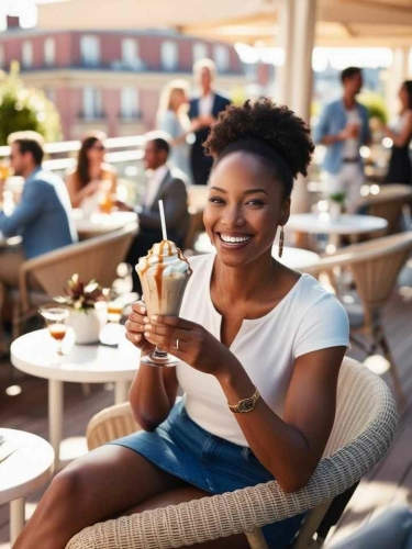 Blije gast geniet van een Frozen Coffee op een zonnig terras, perfect geserveerd met slagroom en karamelsiroop