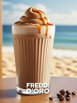 Freddi D'Oro Frozen Cappuccino in een tumblerglas met romige caramelbruine textuur in de zomer