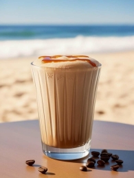 Glas frozen cappuccino geserveerd op het strand. Ideaal voor het warme weer.