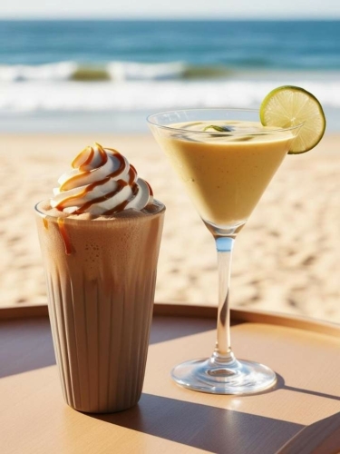 Freddi D'Oro Frozen Coffee en Frozen Dessert in een martiniglas, luxe geserveerd met het strand op de achtergrond.