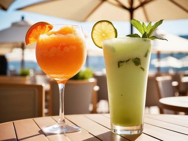 Frozen Aperol Spritz en Frozen Mojito op zonnig horecaterras