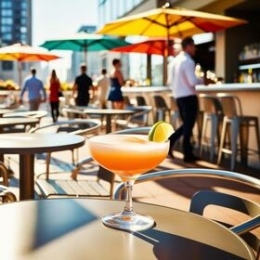 Frozen cocktail op zonnig stadsterras van café of bar