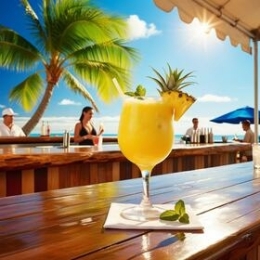 Frozen cocktail op houten tafel in zomerse strandtent met zeezicht