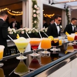 Meerdere frozen cocktails op rij bij een evenement of outdoor bar