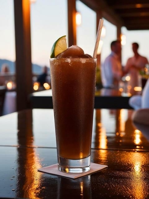 Frozen Cuba Libre met limoen op avondterras in zomerse setting