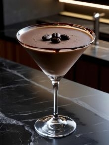 Frozen Espresso Martini met koffiebonen en chocoladesaus, geserveerd in een martini-glas op een donkere marmeren tafel