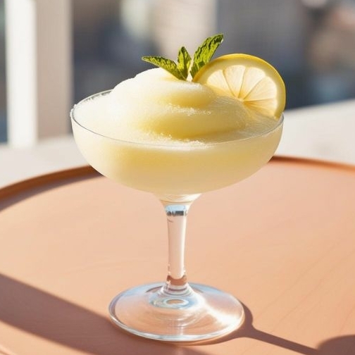 Frozen Lemon Sorbet in een coupe-glas met een citroenschijfje en munt, geserveerd op een houten tafel op een zonnig terras.