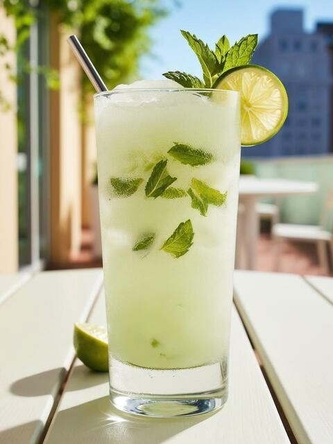 Frozen Mojito met limoen en munt op zomers stadsterras