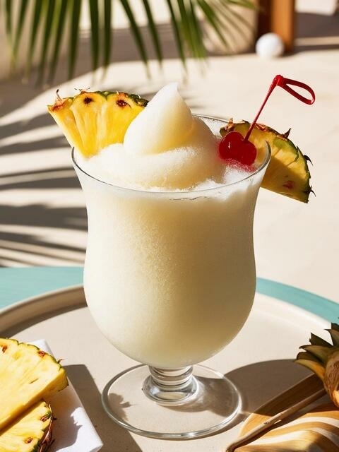 Frozen Piña Colada met ananas en kers op zomers strandterras